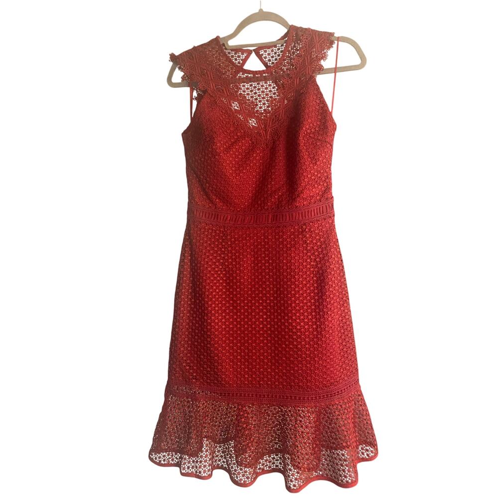 Adelyn Rae Red Lace Dress Small Sleeveless Fit Flare Keyhole Back - Picture 2 of 8